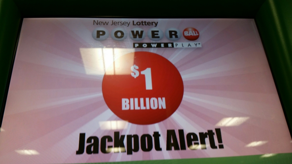 A self serve New Jersey Lottery machine displays the next jackpot