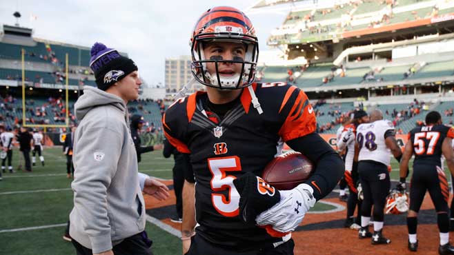 Cincinnati Bengals quarterback AJ Mc Carron walks the field after an NFL football game against the Baltimore Ravens Sunday Jan. 3 2016 in Cincinnati. Cincinnati won 24-16