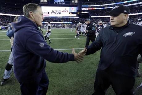 New England Patriots head coach Bill Belichick left reaches out to shake hands with Philadelphia Eagles head coach Chip Kelly after the Eagles beat the Patriots 35-28 in an NFL football game Sunday Dec. 6 2015 in Foxborough Mass. (AP