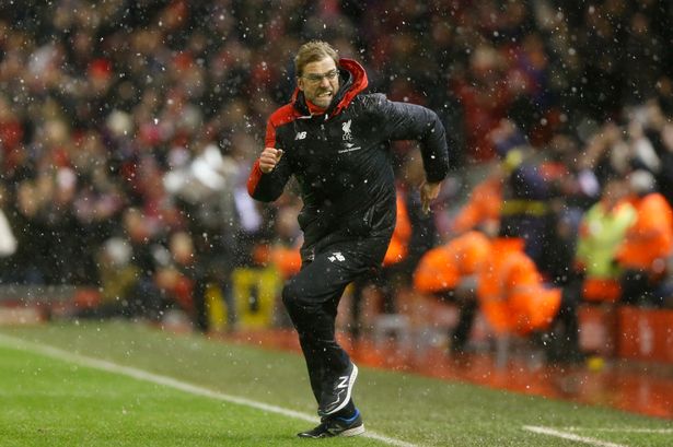 Jurgen Klopp celebrates after Joe Allen scores their third goal for Liverpool