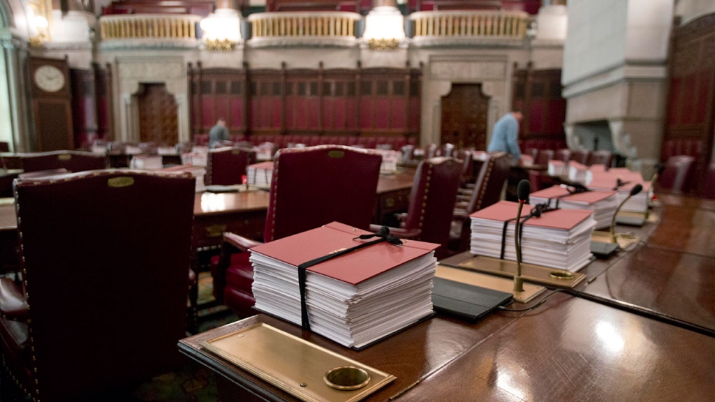 Aging bills sit on legislators&#39 desks in the Senate Chamber at the Capitol on Tuesday Jan. 5 2016 in Albany N.Y