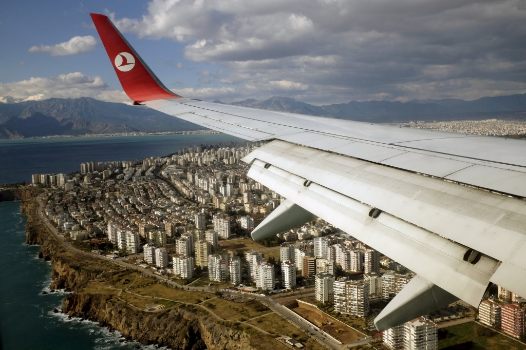 A Turkish Airlines Boeing 737-800 aircraft approaches to land at Antalya International airport