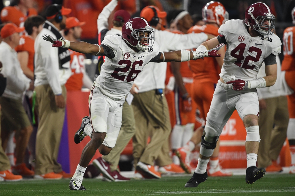 Jan 11 2016 Glendale AZ USA Alabama Crimson Tide defensive back Marlon Humphrey celebrates after recovering an onside kick during the fourth quarter against the Clemson Tigers in the 2016 CFP National Championship at University of Phoenix Stadiu