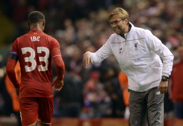 FILE--Liverpool's German manager Jurgen Klopp talks with Liverpool's English midfielder Jordon Ibe during a UEFA Europa League group B football match between Liverpool and Bordeaux at Anfield in Liverpool north west England