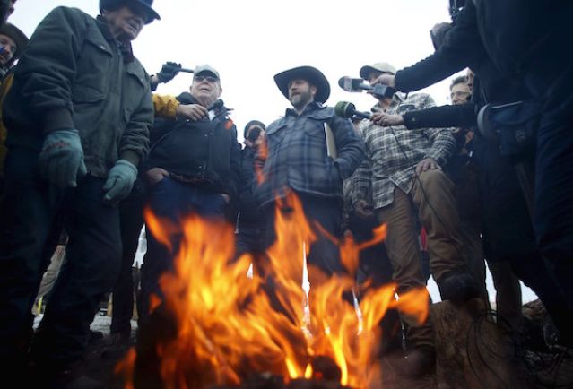 Ammon Bundy center meets with supporters and the media at Malheur National Wildlife Refuge near Burns Oregon