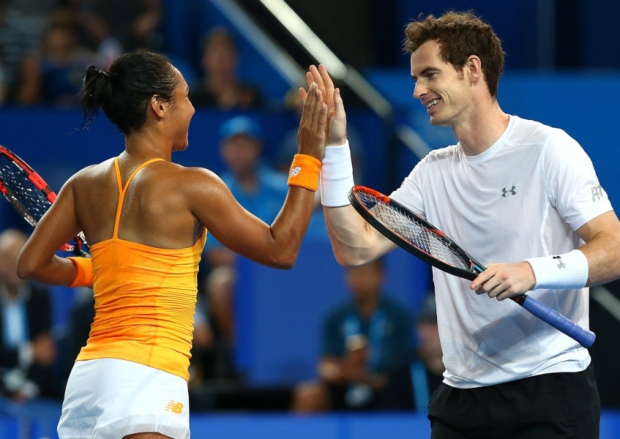 Andy Murray high fives his Great Britain team-mate Heather Watson after their mixed doubles victory over France at the Hopman Cup