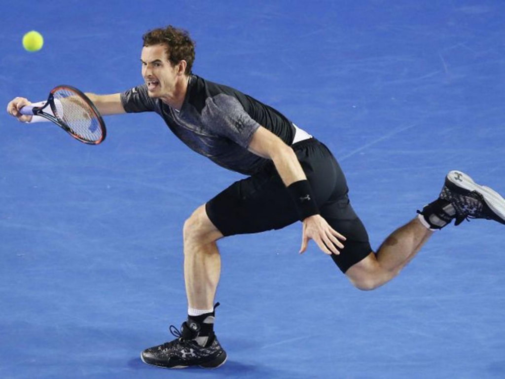 Andy Murray stretches for a forehand on his way to victory over Bernard Tomic Getty