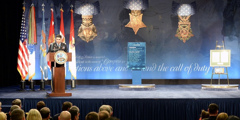 Army Captain Florent Groberg speaks at his Medal of Honor Hall of Heroes induction ceremony at the Pentagon Nov. 13 2015