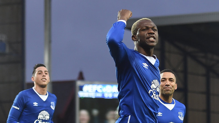 Arouna Kone celebrates scoring for Everton in their win at Goodison Park