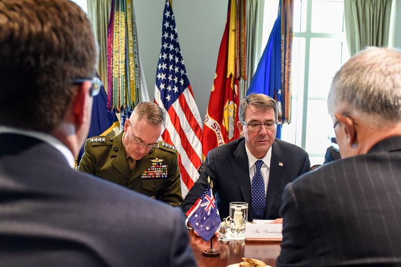 Defense Secretary Ash Carter center right and Australian Prime Minister Malcolm Turnbull right discuss defense cooperation at Pentagon on Jan. 18 2016. DoD