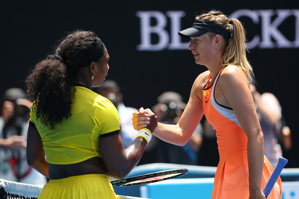 Maria Sharapova of Russia congratulates Serena Williams of the United States on winning their quarter final match during day nine of the 2016 Australian Open at Melbourne Park