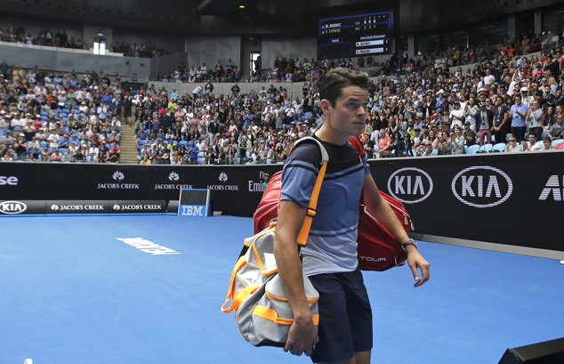 Milos Raonic of Canada walks from Margaret Court Arena following his third round win over Viktor Troicki of Serbia at the Australian Open tennis championshi