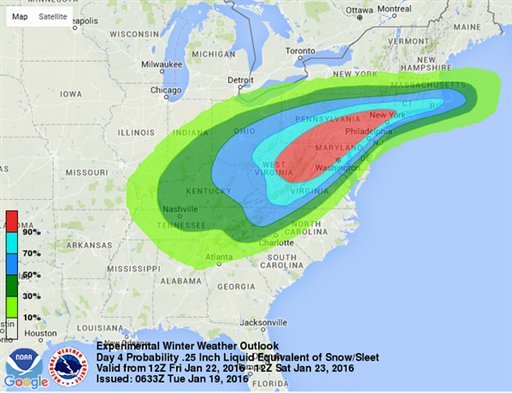 This image provided by National Oceanic and Atmospheric Administration's National Weather Service Weather Prediction Center shows an early computer model forecasting the chances of a windy strong sleet-snow storm hitting the East Coast this weeken