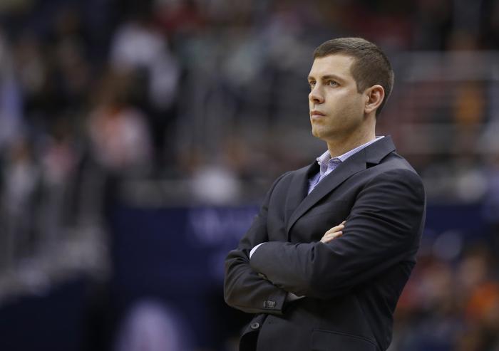 Boston Celtics head coach Brad Stevens reacts in the second half of an NBA basketball game against the Washington Wizards Saturday Jan. 16 2016 in Washington. The Celtics won 119-117