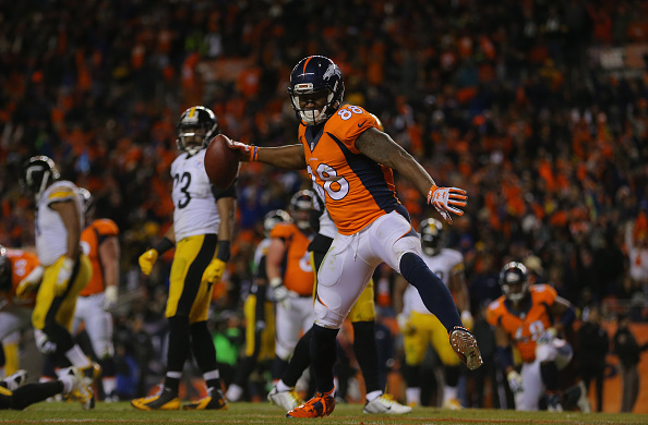 DENVER CO- JANUARY 17 Demaryius Thomas #88 of the Denver Broncos celebrates after scoring the two point conversion in the fourth quarter against the Pittsburgh Steelers during the AFC Divisional Playoff Game at Sports Authority Field at Mile High on J