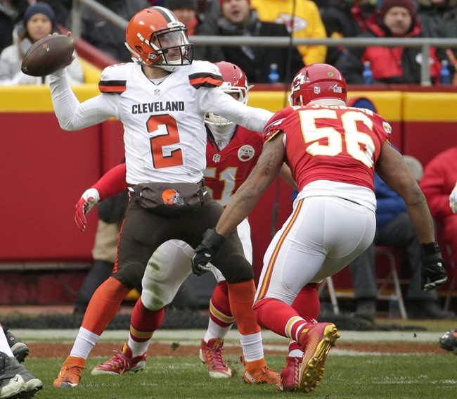 Cleveland Browns quarterback Johnny Manziel throws under pressure from Kansas City Chiefs linebacker Frank Zombo and linebacker Derrick Johnson during the first half of an NFL football game in Kansas City Mo. Sunday Dec. 27 2015. (AP Pho