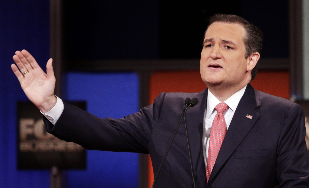 Republican presidential candidate Sen. Ted Cruz R Texas speaks during the Republican presidential debate at the North Charleston Coliseum Thursday Jan. 14 2016 in North Charleston S.C