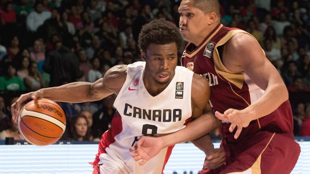 Canada's Andrew Wiggins left and his teammates lost a heart-breaking 79-78 decision to Miguel Marriaga right and Venezuela at a FIBA Americas championship in Mexico City in September. Canada will have one final chance to qualify for the Rio Olymp