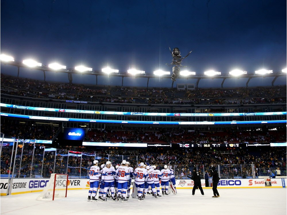 The Montreal Canadiens celebrate after defeating the Boston Bruins during the 2016 Bridgestone NHL Winter Classic at Gillette Stadium