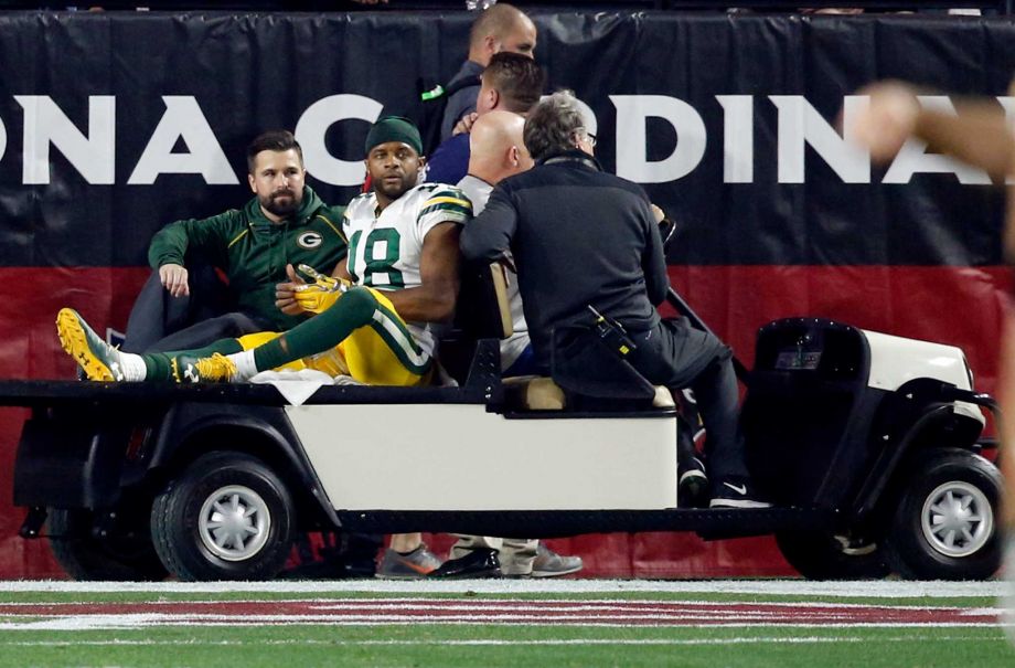 Green Bay Packers wide receiver Randall Cobb is carted off the field after being injured against the Arizona Cardinals during the first half of an NFL divisional playoff football game Saturday Jan. 16 2016 in Glendale Ariz