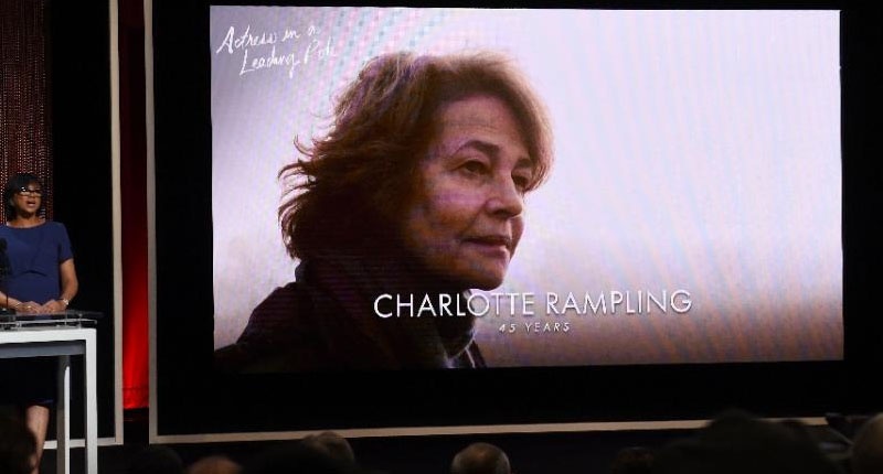 A screen shows the Oscar nominee Charlotte Rampling for the film '45 Years&#039 in the Best Actress category during the Academy Awards Nominations Announcement in Beverly Hills California