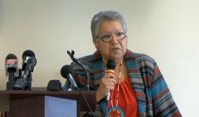 Charlotte Rodrique the Burns Paiute tribal chair speaking at a press conference January 6 2016