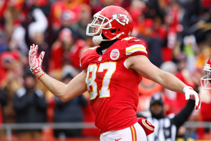 27 December 2015 Kansas City Chiefs tight end Travis Kelce celebrates after a touchdown during the game between the Cleveland Browns and the Kansas City Chiefs at Arrowhead Stadium in Kansas City MO. The Chiefs defeated the Browns 17-13