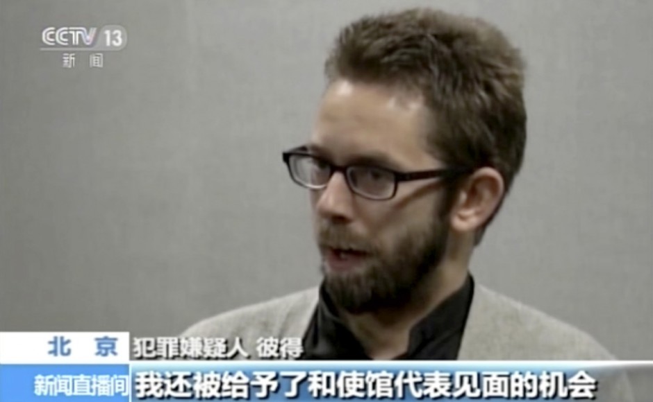 In this image made from undated video released by China Central Television, Peter Dahlin a Swedish co-founder of a human rights group speaks on camera in an unknown location. Pic AP