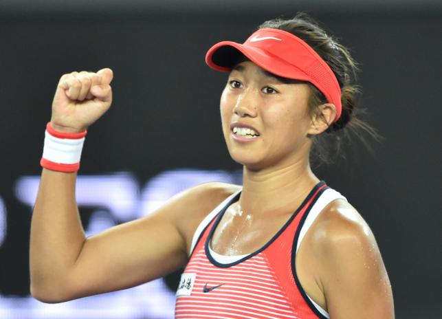 China’s Zhang Shuai celebrates after victory in her women’s singles match against Varvara Lepchenko in 2016 Australian Open tennis tournament in Melbourne