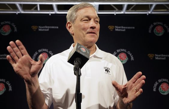 Kirk Ferentz talks to reporters during the teams media day in Los Angeles on Tuesday Dec. 29 2015. After a 25-year absence the Iowa Hawkeyes are back in the Rose Bowl NCAA college football game against Stanford on New Years day