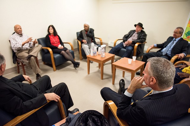 Mayor Bill de Blasio gives remarks at the Supportive Housing Visit with Housing Preservation Development Commissioner Vicki Been City Hall and HRA Commissioner Steve Banks at Bishop Sullivan Residence in Brooklyn New York. Tuesday