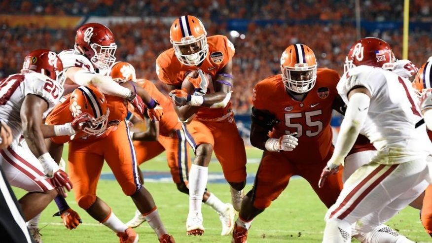 Dec 31 2015 Miami Gardens FL USA Clemson Tigers running back Wayne Gallman runs in to the end zone to score a touchdown against the Oklahoma Sooners in the third quarter of the 2015 CFP Semifinal at the Orange Bowl at Sun Life Stadium. Mandatory