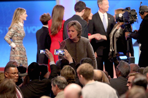 Democratic president candidate Hillary Clinton greet people following the debate at Saint Anselm College