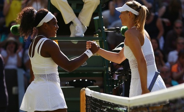 Serena Williams and Maria Sharapova shake hands at 2015 Wimbledon match