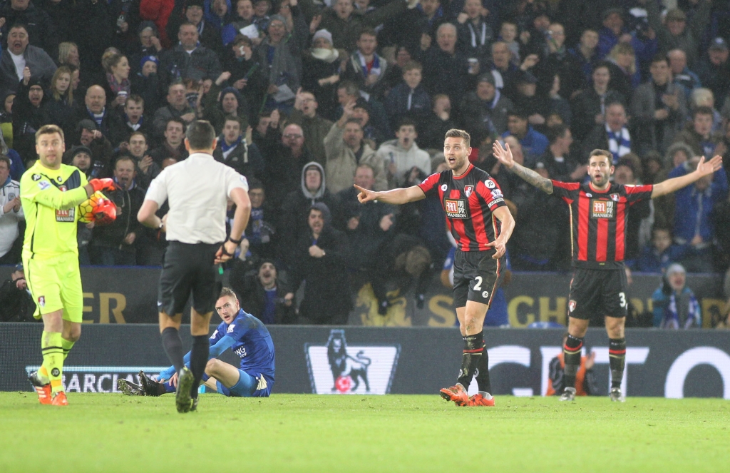 DISMISSAL Cherries Simon Francis protests his innocence at King Power Stadium