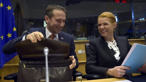 Denmark's Foreign Minister Kristian Jensen and Denmark's Immigration and Integration Minister Inger Stojberg participate in a meeting on the new Danish asylum laws at the European Parliament's civil liberties committee in Brussels Belgium