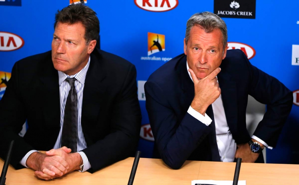 ATP chairman Chris Kermode right and vice chairman Mark Young listen to reporter's question during a press conference at the Australian Open tennis championships in Melbourne Australia Monday Jan. 18 2016