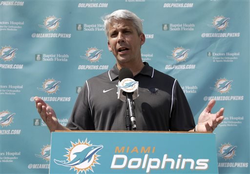 Miami Dolphins general manager Dennis Hickey speaks to reporters after a one-day rookie NFL football minicamp in Davie Fla. Hickey's departure from the Dolphins after two years in Miami was announced Saturday Jan