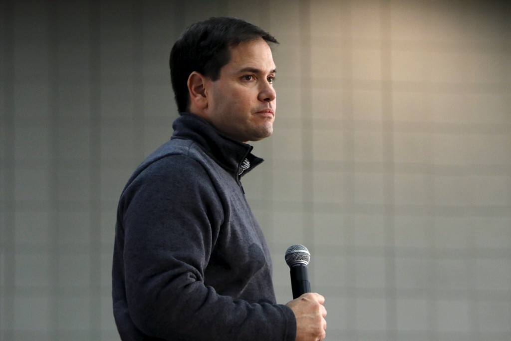 Republican U.S. presidential candidate Senator Marco Rubio listens to a question during a town hall meeting at the Waterloo Center for the Arts in Waterloo Iowa