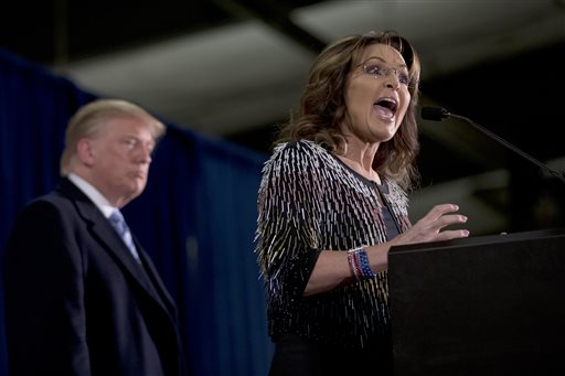 Former Alaska Gov. Sarah Palin right endorses Republican presidential candidate Donald Trump during a rally at the Iowa State University Tuesday Jan. 19 2016 in Ames Iowa