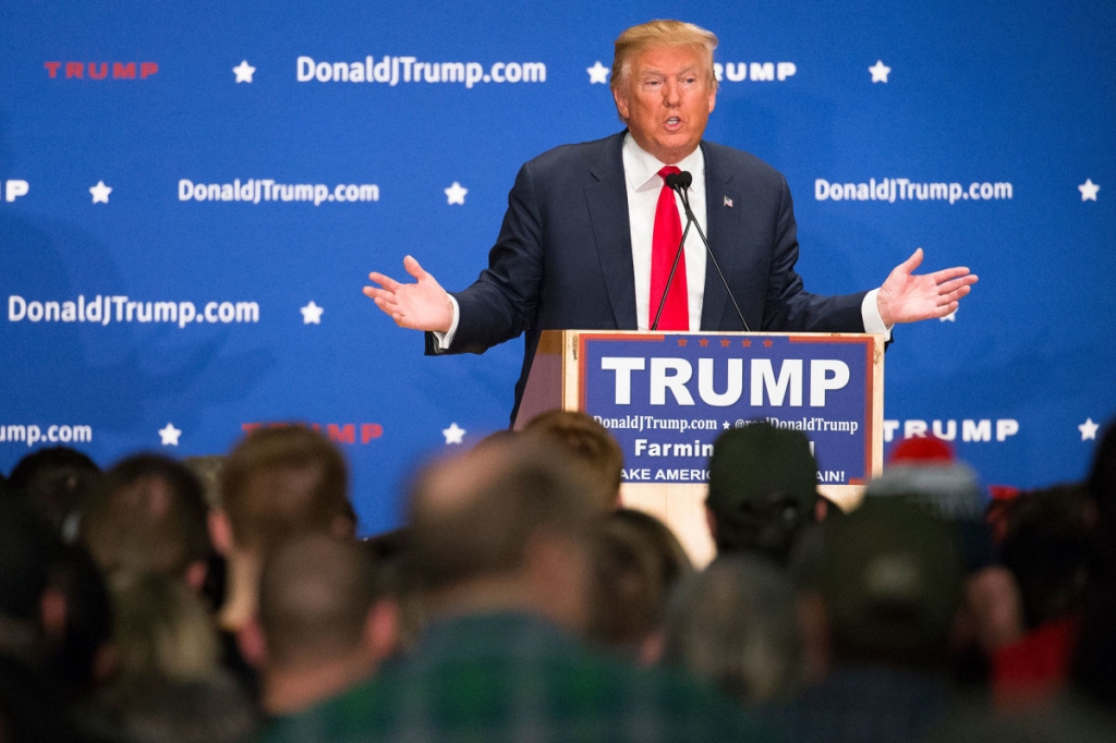 Donald Trump speaks during a campaign stop Monday in Farmington New Hapmshire