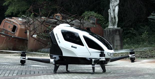 Ehang 184 Passengers can tell the drone to take off or land but during flight the Ehang 184 is completely autonomous. Image YouTube