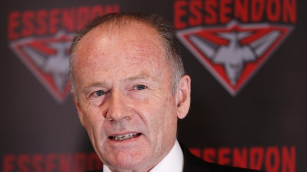 Essendon Football Club president Lindsay Tanner speaks at a press conference at True Value Solar Centre