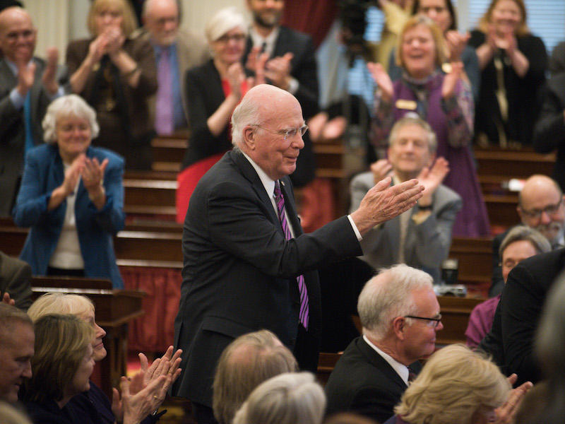 Sen. Patrick Leahy at the Vermont Statehouse Thursday during Gov. Shumlin's last State of the State address. Leahy says he supports the President's executive order expanding background checks on guns but wants further action to be taken by Con