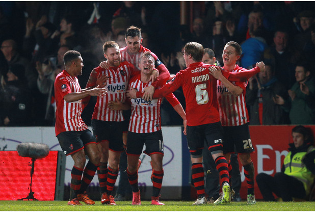 Exter City celebrate the second goal