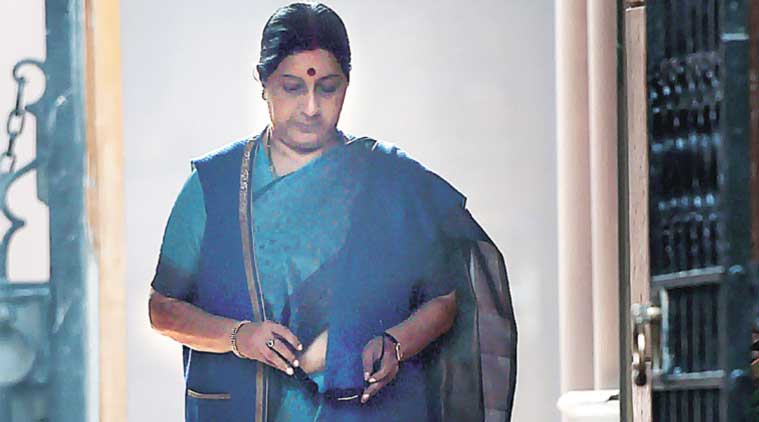 External Affairs Minister Sushma Swaraj leaves after a Cabinet meeting in New Delhi on Wednesday