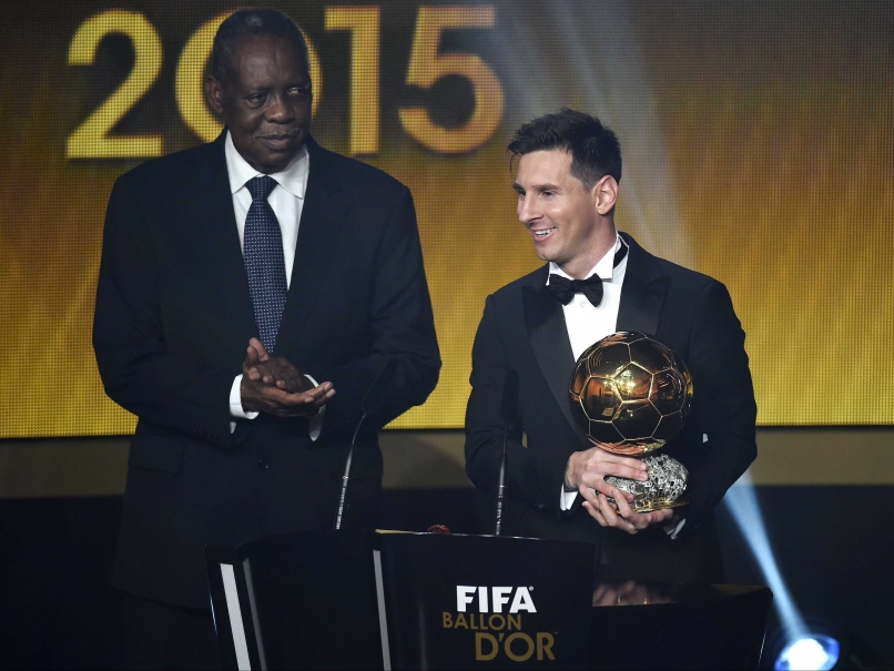 FC Barcelona and Argentina's forward Lionel Messi reacts after receiving the 2015 FIFA Ballon d’Or award for player of the year