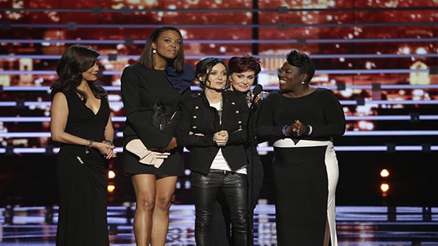 The cast of The Talk on stage during the PEOPLE'S CHOICE AWARDS 2016 from the Microsoft Theater on Wednesday Jan. 6 2016. An unidentified stage-crasher grabbed the microphone briefly during their speech