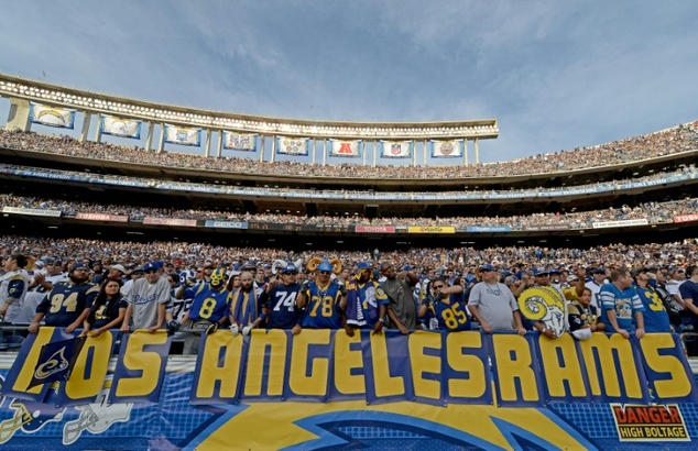 Fans of the St. Louis Rams hold a'Los Angeles Rams sign at one of the team's NFL games in San Diego