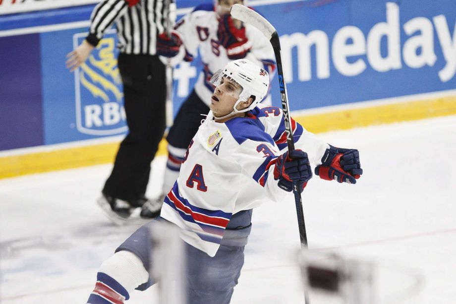 Auston Matthews of USA celebrates after scoring to take the score to 3-0 during the 2016 IIHF World Junior Ice Hockey Championships quarterfinal match between USA and Czech Republic in Helsinki Finland on January 2nd 2016. (Roni Rekomaa  Lehtikuva